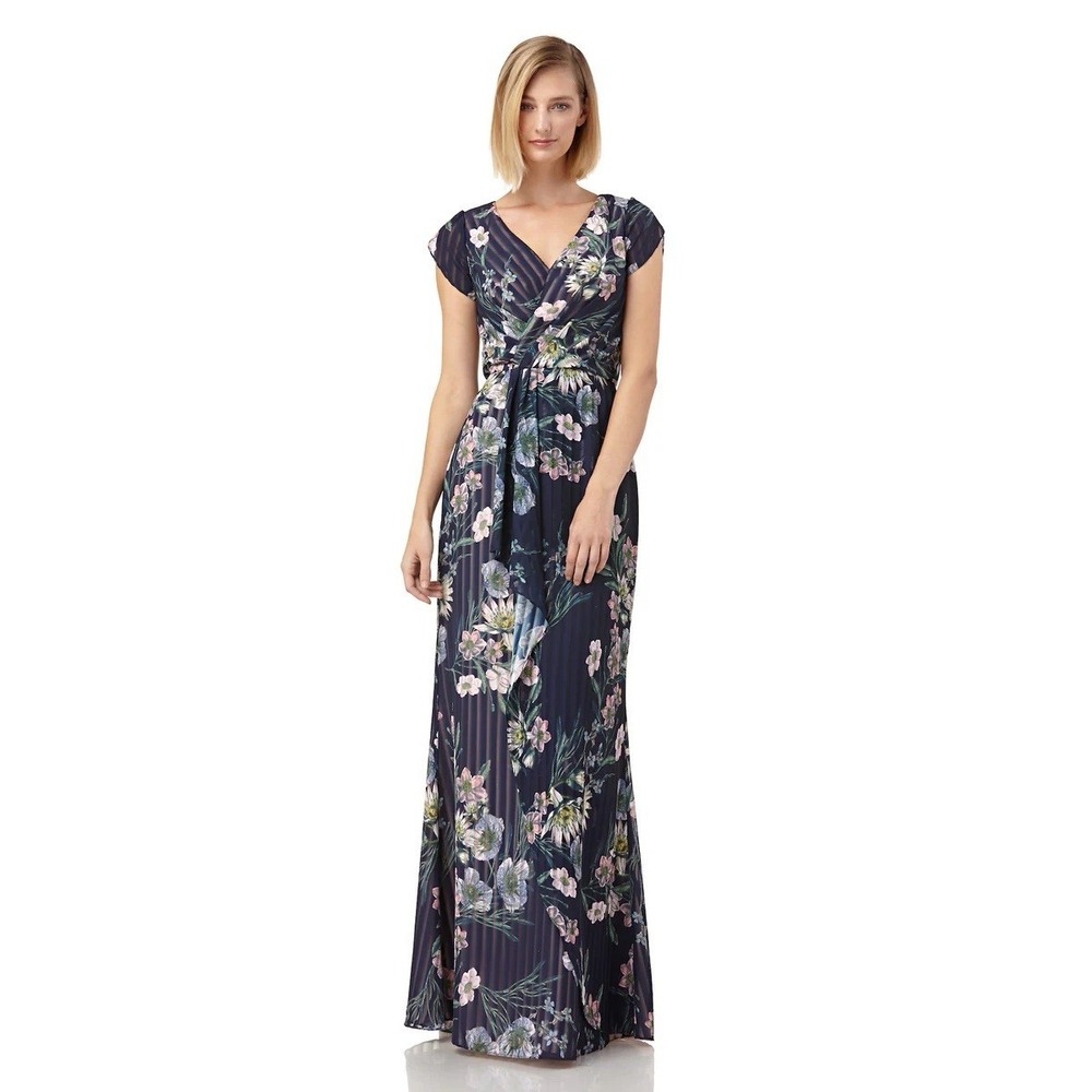 Kay Unger Ricarda Navy Floral Maxi Gown Chiffon Mother Of The‎ Bride Wedding 4